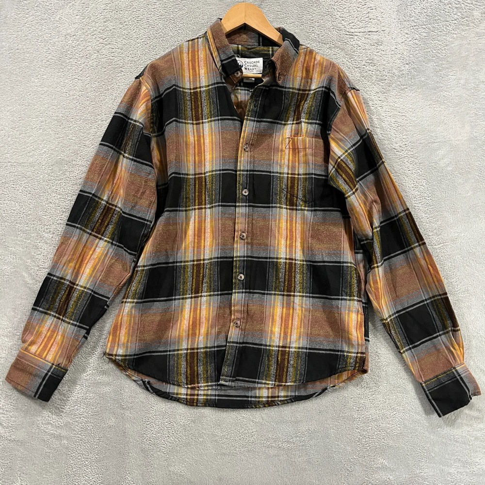 Cascade Flannel Shirt Mens Medium Brown Plaid Long Sleeve Collared Button Down